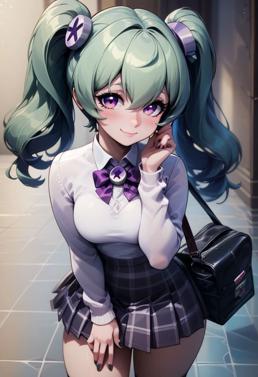 score_9, score_8_up, score_8, medium breasts, (curvy), cute, eyelashes,     
BREAK,
corin wickes, 1girl, green hair, purple eyes, hair between eyes, twintails, blush, 
BREAK,
 closed mouth, alternate costume, smile, nail polish, looking at viewer, hand up, collared shirt, blush, sweater, black skirt, black nails, eyelashes, long sleeves, sleeves past wrists, plaid skirt, shoulder bag, black bag, blurry, tile floor, pleated skirt, white shirt,
zPDXL,