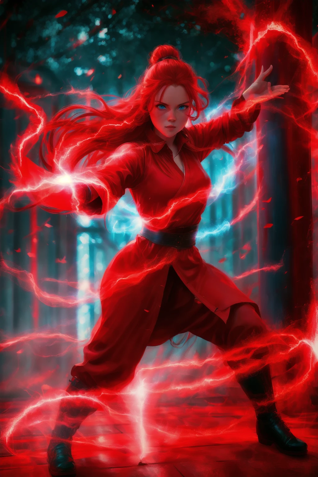 dancing,fighting stance,red-lightning-aura,using red-lightning-magic,red-lightning-magic,1girl,solo,long hair,blue eyes,common face,full body,<lora:magic_fighting_red_512_dreamshaper_8:0.8>,