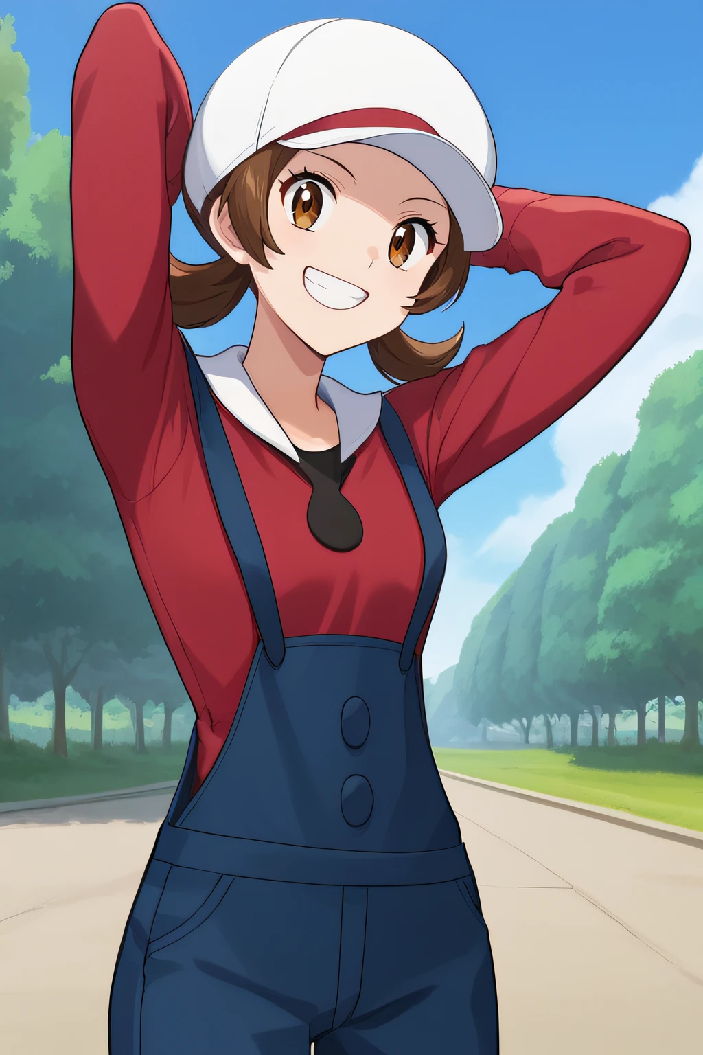 score_9, score_8_up, score_7_up, source_anime, rating_safe, intricate details, anime screencap, official style, <lora:Lyra:1>, lyra, brown eyes, red shirt, long sleeves, white headwear, blue overalls, standing, looking at viewer, outdoor, smile, grin, teeth, frontal view, cowboy shot, hands behind head