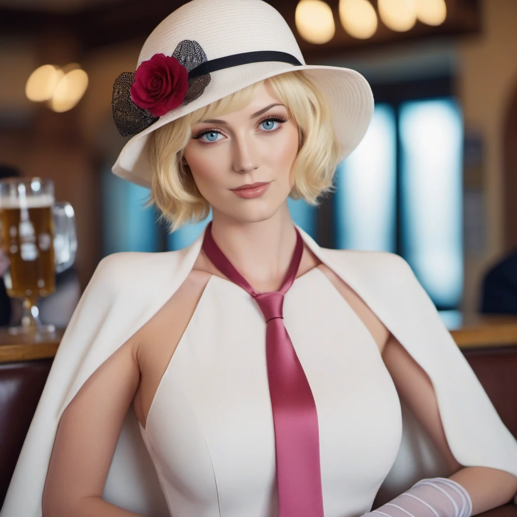 cinematic photo a woman, short blonde hair,  blue eyes, gloves, necktie, white dress, hat flower, handbag, large breast, having a beer in a pub  <lora:Stussy1024:0.8> . 35mm photograph, film, bokeh, professional, 4k, highly detailed