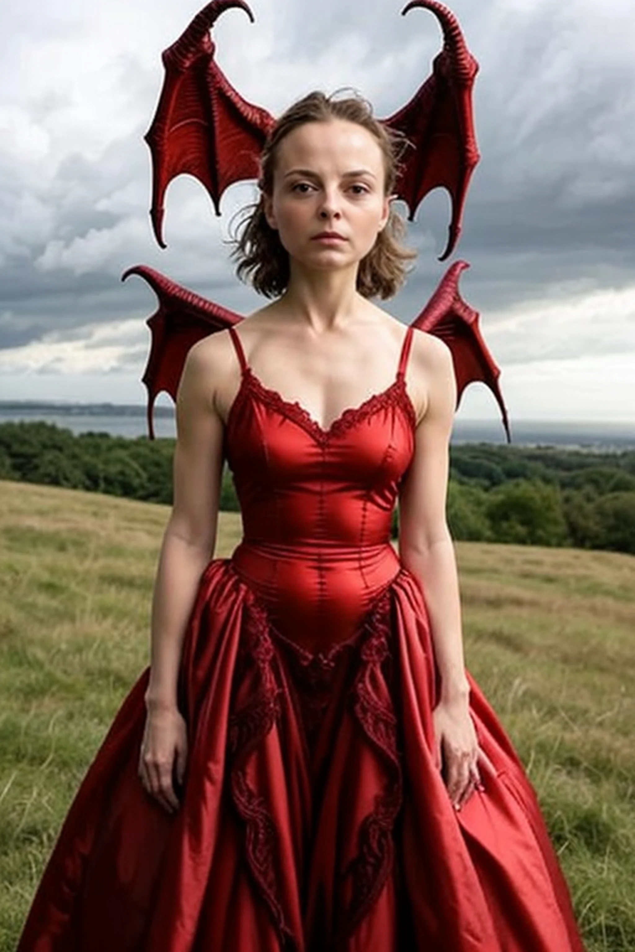 absurdres ultrarealistic intricately detailed professional photograph
of a 20yo AnastasiaPronina wearing a colorful mini dress, standing on one leg in an open field with a storm rolling in from the east,
<lora:AnastasiaPronina:0.65>,
<lora:d3m0ndr3ss:0.75> d3m0ndr3ss, long dress, red dress, demon wings