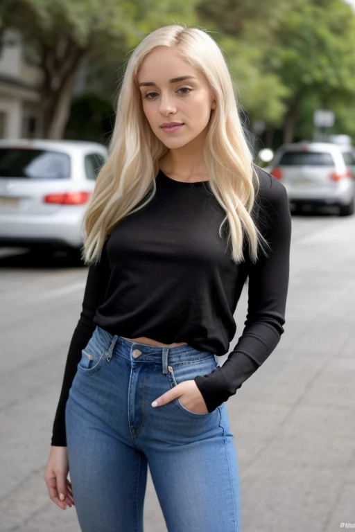 <lora:naomiw:1> naomiw, black shirt, jeans