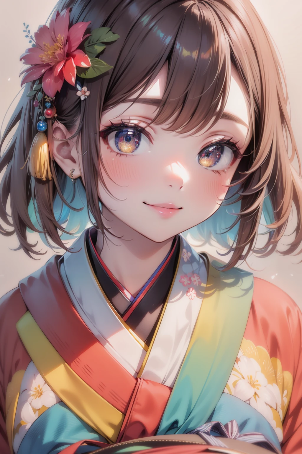 Architectural style <lora:rainbow girl 1.1:0.7>,rainbow girl,colorful,1girl,solo,japanese clothes,obi,kimono,smile,blush,flower,hair ornament,floral print,, 8k, best quality, masterpiece, rule of thirds, superb, high resolution, sharp focus, extremely detailed description, professional, gorgeous and intricate details, . Clean lines, geometric shapes, minimalist, modern, architectural drawing, highly detailed