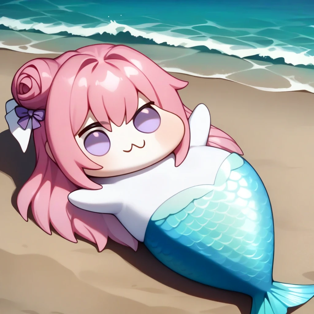 <lora:doro_xypher_amxl_v1:1> solo, doro \:3, chibi, solid circle eyes, no pupils, no humans, white skin
, pink hair, purple eyes, single side bun, hair bow
, creature, fat, obese, mermaid, lying, sea, beach
, masterpiece, best quality, very aesthetic, absurdres