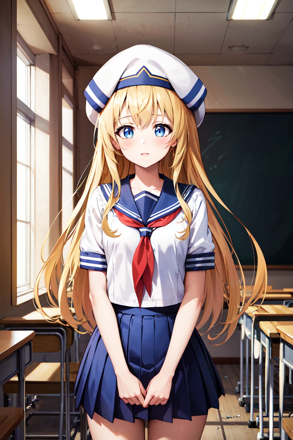 masterpiece, best quality, highres, aapri, long hair, white headwear, small breasts, <lora:priestess_(goblin_slayer!)_v1:0.7>, school uniform, serafuku, skirt, standing, cowboy shot, classroom,