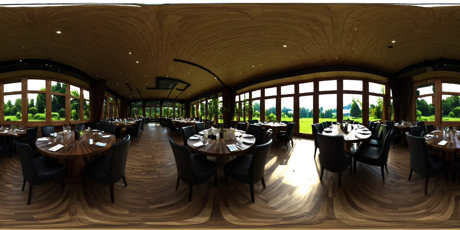 hdri-360, large restaurant, huge wooden table, large window wall with garden view, luxurious interior <lora:HDRI_-_360_Degree_Skybox_Creator_for_SDXL-000007:1>