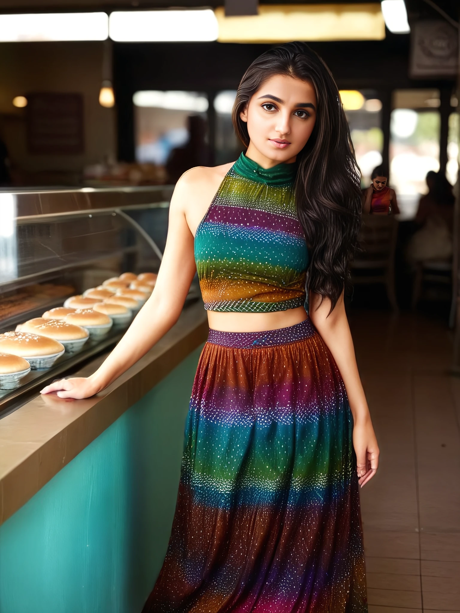 full body photo of a 30-year-old vedika pinto, colorful modest high neck Bandhani Dress, looking at camera,day time at Bakery in bokeh  <lora:vdka_Vedika_Pinto_SDXL_LoRA_adafactor-step00002000:1>