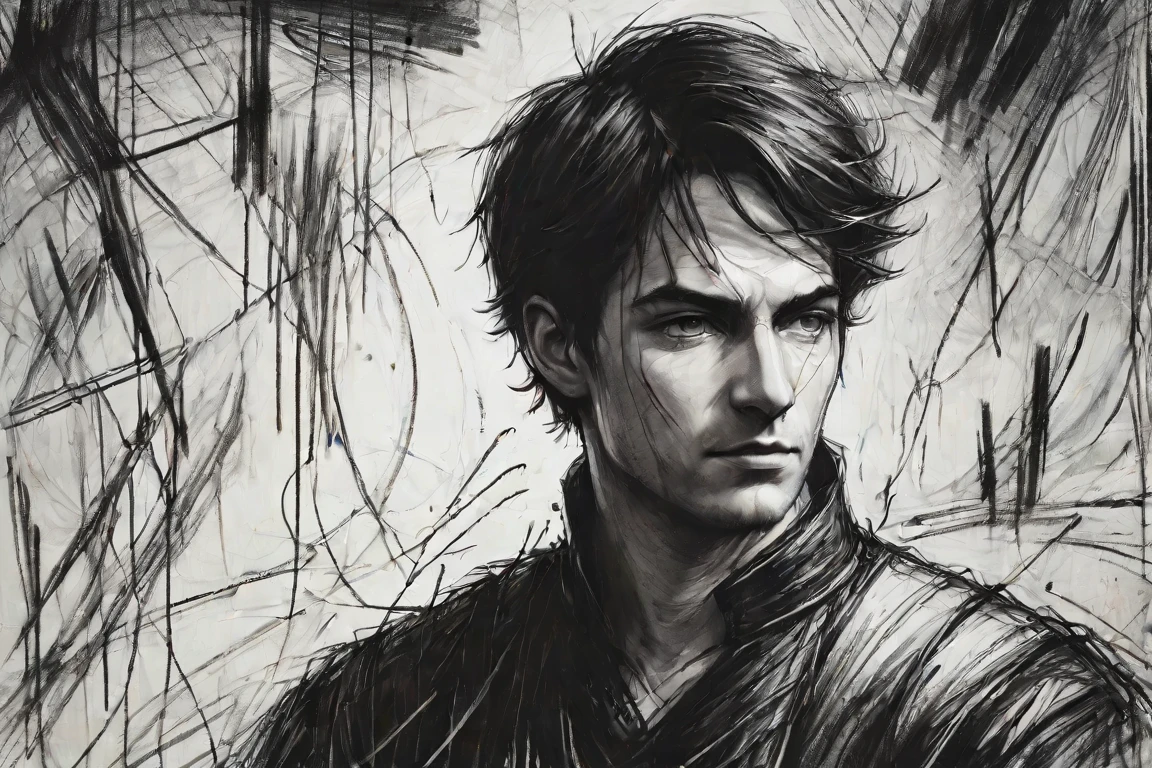 A mesmerizing abstract painting featuring a young French man in his early 20s, with only the upper body visible. His dark, unkempt hair dances around his face, creating a sense of energy and movement. The subject dons a loose-fitting Rococo shirt with an open neckline, giving off an air of nonchalance. His intense gaze locks with the viewer, inviting them into his world. The earthy color palette, combined with the artist's expressive brushwork, includes drips and streaks, resulting in an unfinished yet dynamic portrait that captures the essence of the subject and draws the viewer into his captivating world.