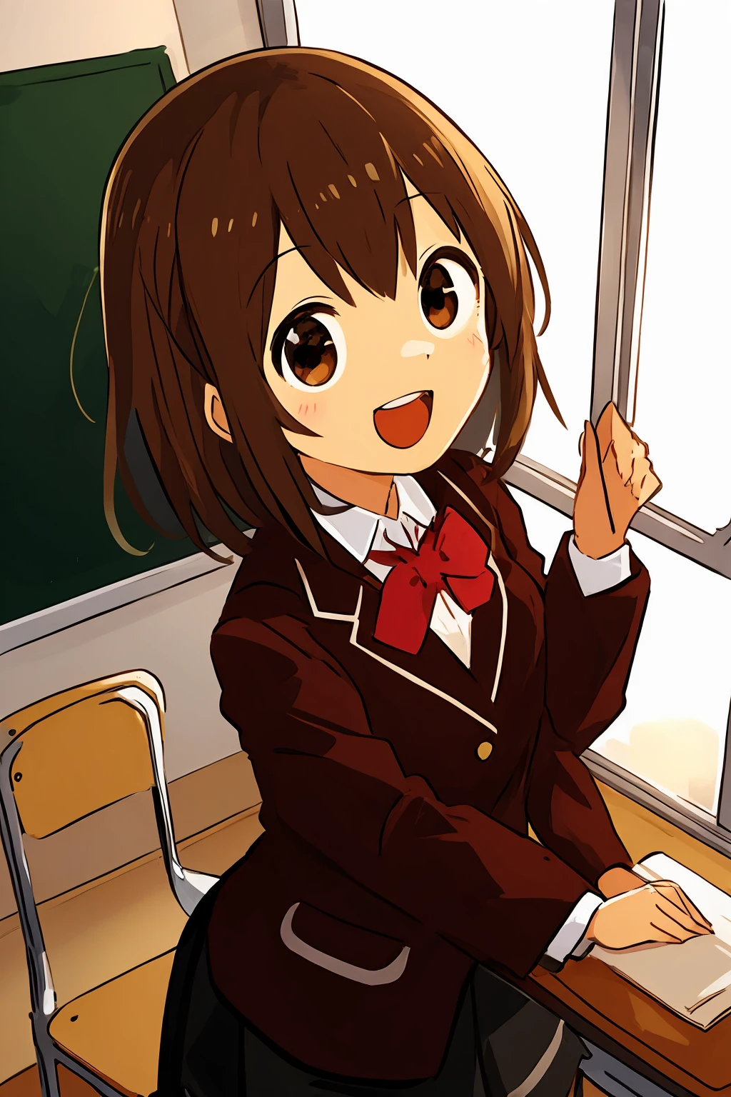 1girl, school uniform, desk, window, skirt, bow, shirt, chair, tree, bangs, brown hair, red bow, jacket, open mouth, school desk, white shirt, bowtie, brown eyes, holding, long sleeves, pleated skirt, indoors, classroom, bag, blazer, 1boy, from outside, collared shirt, red bowtie, smile,<lora:Pretty tree pretty light:0.6>,