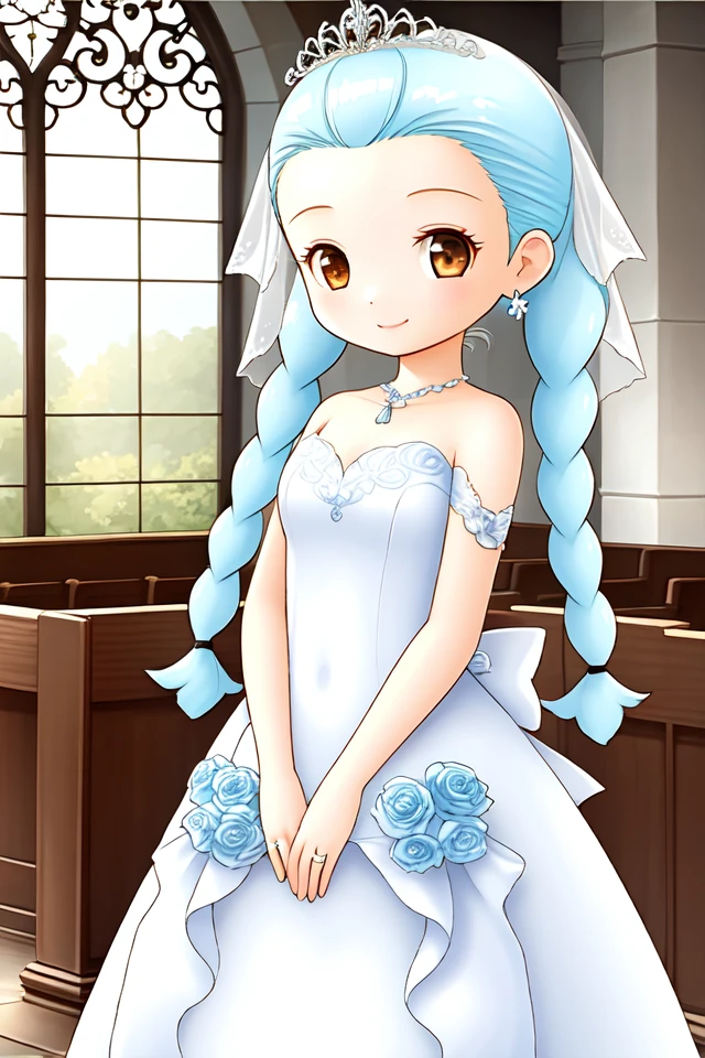 1 girl, indoors, church, standing, smile,
 <lora:Harvest_Moon_Hero_of_Leaf_Valley_-_Gina:0.6> holvgina, light blue hair, long hair, twintails, braid, hair bow, forehead, brown eyes,
tiara, wedding dress, sleevesless dress, bare shoulders, forehead, earrings,