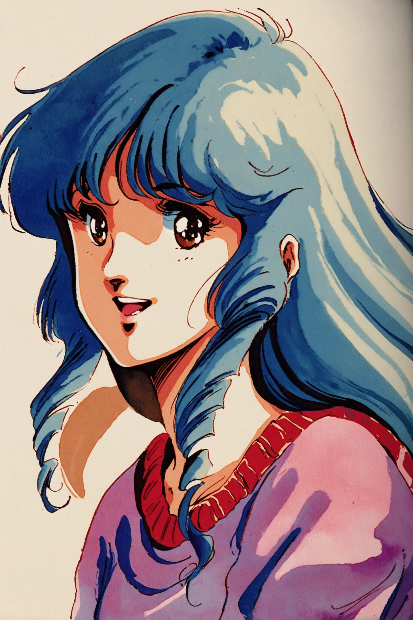 Haruhiko Mikimoto Style,
Lynn Minmay,1girl,solo,1980s (style),retro artstyle,long hair,blue hair,sweater,open mouth,brown eyes,light smile,drill hair,upper body,looking at viewer,traditional media,watercolor \(medium\),
<lora:super lora_flyx3_XL:0.8>,