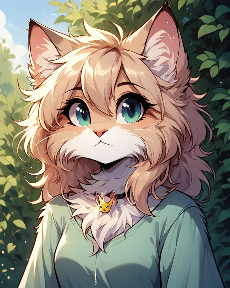 score 9, score 8 up, 1girl, masterpiece, <lora:MegaFluffyPony:1> megafluffypony, fluffy, furry, Cat, medium shot, outdoors, clothes