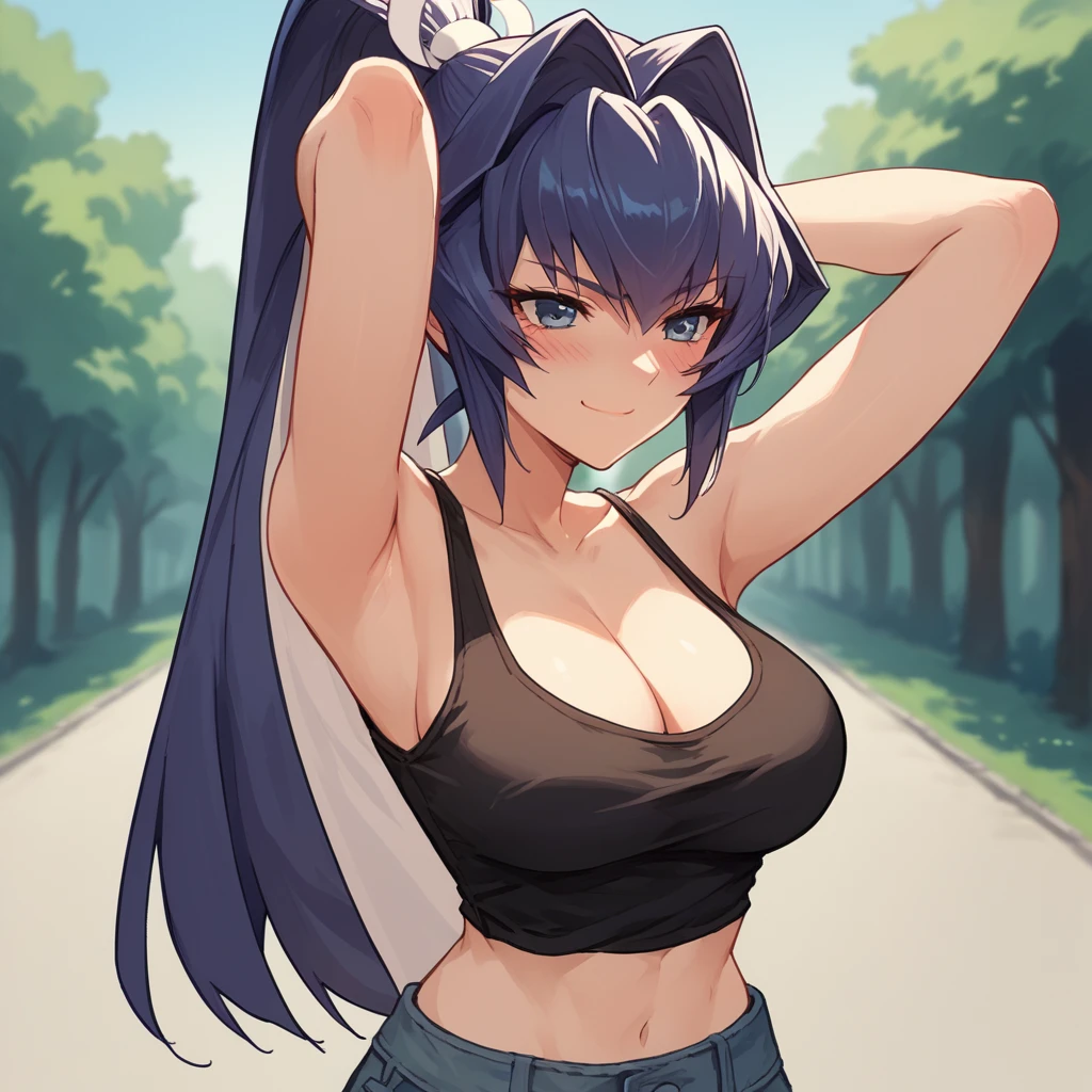 score_10, score_9, score_8_up, score_7_up, source_anime, BREAK, 1girl, Meiya, smirk, blush, outside, sunny day, black tank top, beautiful eyes, hands behind head, cleavage, midriff, overhang