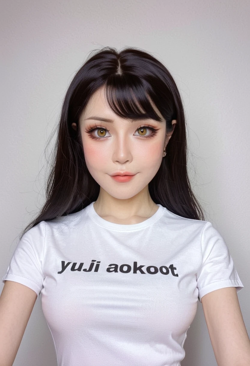 a girl, full headshot breasts, text printed tshirt, black hair, yujikoixl <lora:YujikoiXL:0.9>