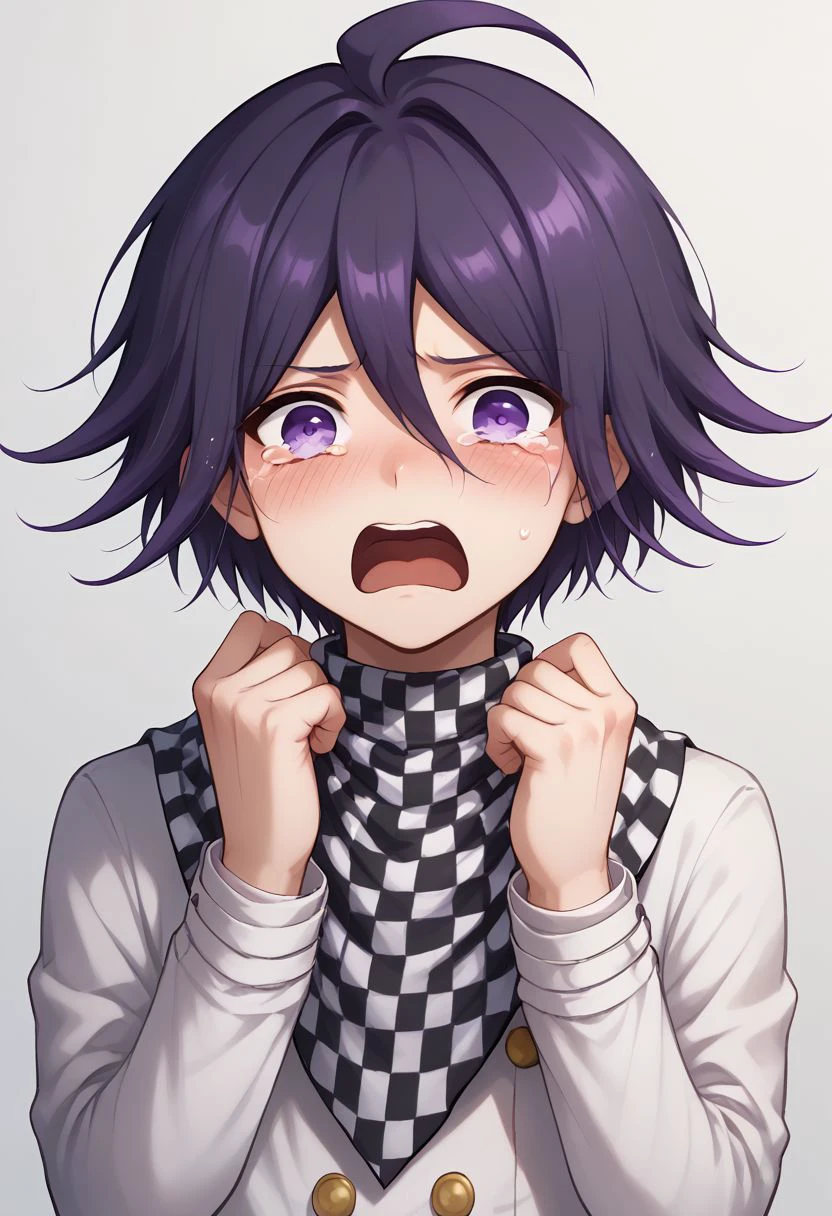 score_9, score_8_up, source_anime, highly detailed, 1boy, solo, skinny, cute, short,
kokichi, male focus, 1boy, solo, checkered clothes, checkered scarf, scarf, purple eyes, bangs, straitjacket, purple hair, upper body, hands up,
open mouth,solo,tears,crying,blush,crying with eyes open, parody,
indoor,