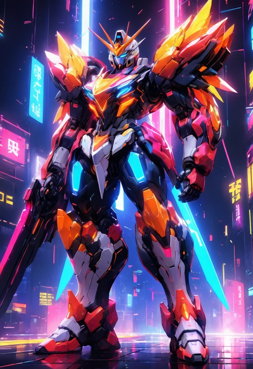Game Illustration,League of Legends Splash Art,Gundam RX-78An abstract neon design of a glowing,intricate details and neon - colored patterns,set against a dark,abstract background,full body,cyberpunk,science fiction<lora:p19-nijimecha-000006:0.7>,nijimecha,<lora:Hyper-SDXL-8steps-CFG-lora:0.3>,