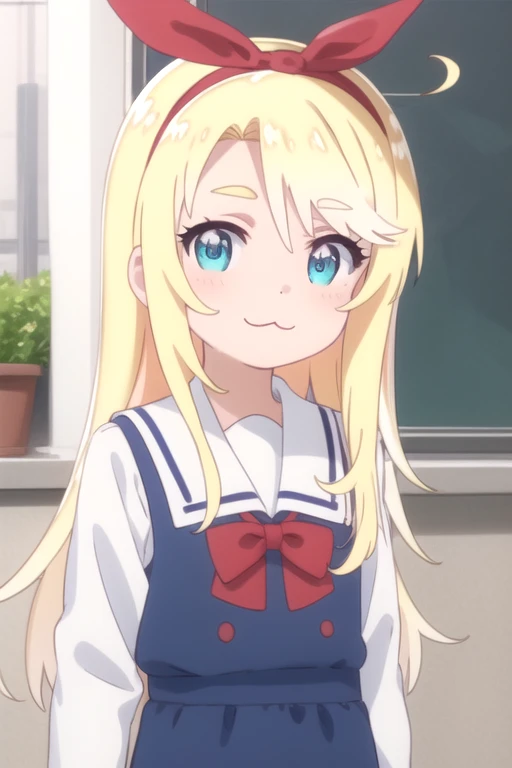 ((masterpiece)),(best quality),official art,extremely delicate and beautiful,extremely detailed CG,unity 8k wallpaper,ultra detailed,beautiful detailed eyes,extremely detailed face,anime coloring,outdoors,1girl,solo,upper body,(portrait:1.5),looking at viewer,facing viewer,smile,(petite:1.5),female child,ahoge,long hair,blonde hair,hair bow,bow hairband,red hairband,thick eyebrows,parted bangs,aqua eyes,:3,school uniform,blue dress,sailor dress,pinafore dress,white sailor collar,white shirt,red bowtie,long sleeves,flat chest,white pantyhose,loafers,<lora:Noa Himesaka(wtm)>,