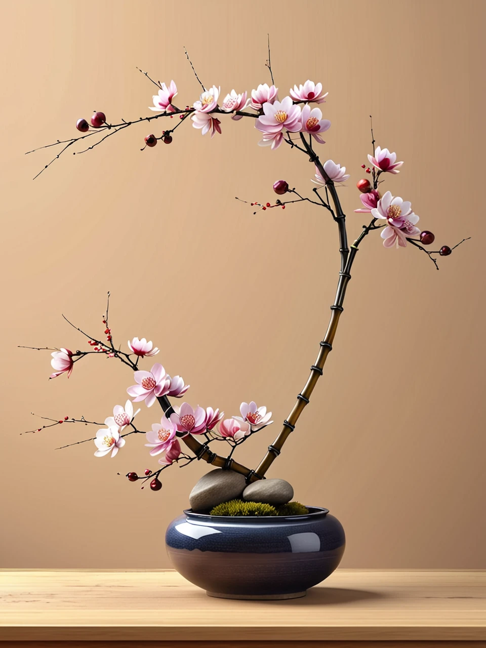 XCYP Ikebana, Chinese flower arrangement, full of Zen, artistic aesthetics, ultra-high-definition, ultra-realistic. Traditional Chinese Florisquery, Elegant Vases, Plum Blossoms, Orchids, Bamboo, Chrysanthemums, Simple Composition, Tranquil Atmosphere, Pastel Tones, Delicate Details, 8K Ultra High Resolution, Extreme Realism, Peace and Tranquility, Oriental Aesthetics, Exquisite Artwork, Highly Detailed, Tranquil Background, Zen Style, Beautiful Lines and Compositions