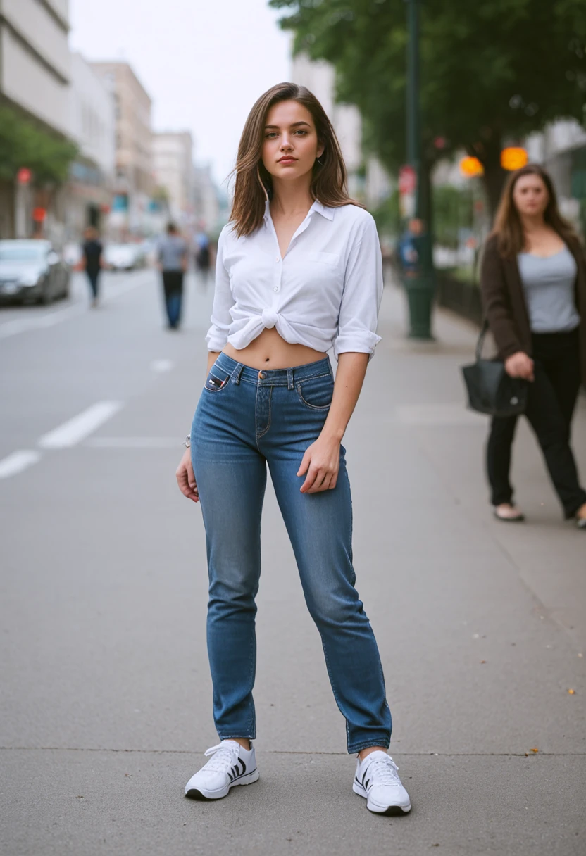 Young woman of 20 years with brown hair walking down the street on a rainy day wearing jeans and a white t-shirt with a vintage and cinematic 18k style