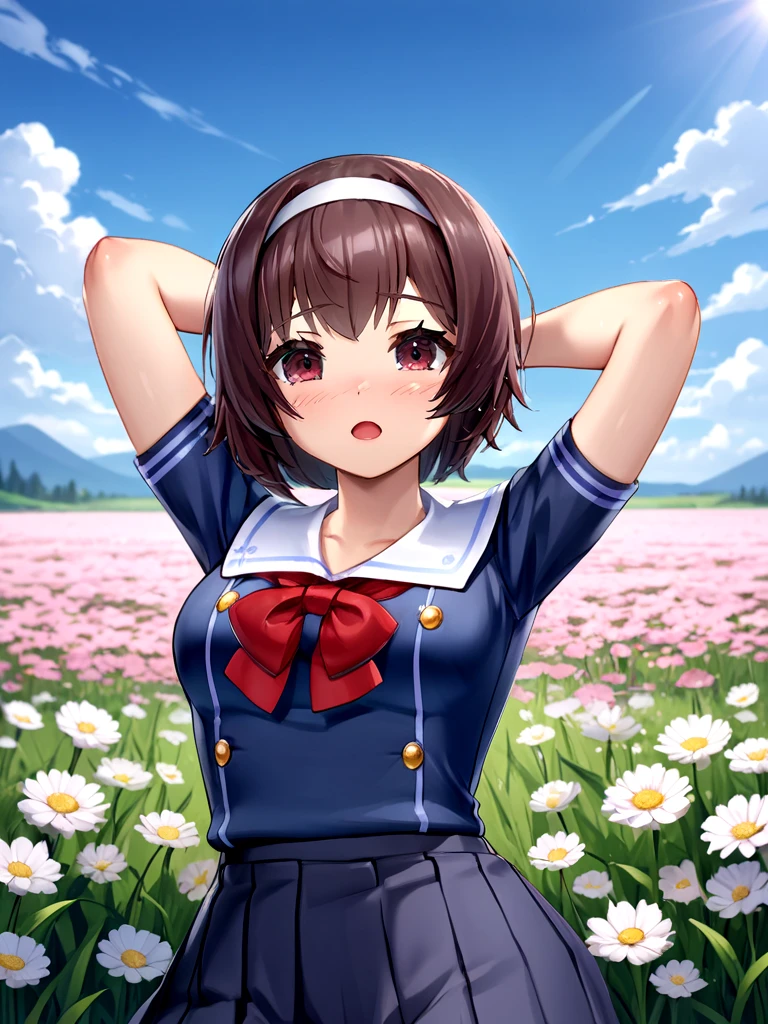 masterpiece, best quality, highres,
<lora:cmayu-chan:1> mmayu, short hair, navy blue shirt, serafuku, red neckerchief, navy blue skirt, pleated skirt
standing, upper body, looking at viewer, arms behind head, arms up, outdoors, grass, flowers, field, flower field, sunlight, sky, blue sky,