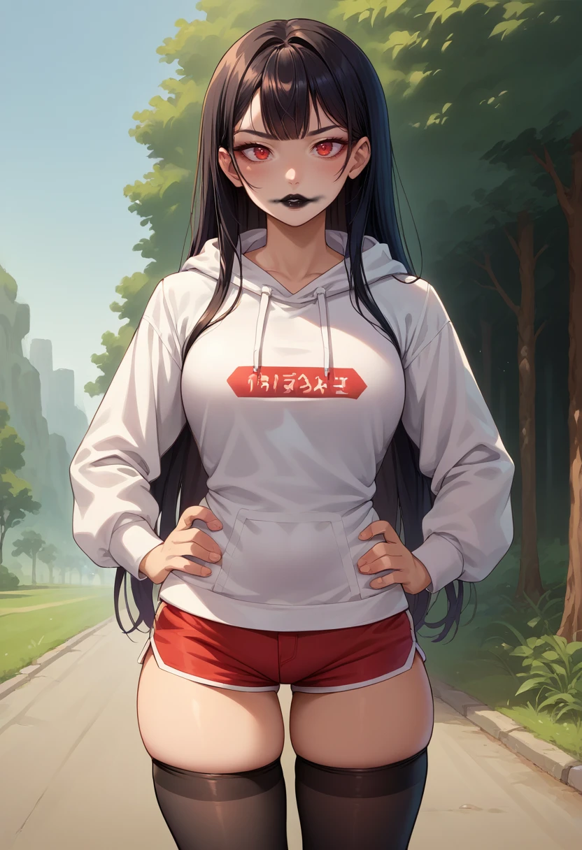 score_9, score_8_up, source_anime, 1girl, solo, black hair, long hair, red eyes, thighs, smeared lipstick, black lipstick, outdoors, hands on hips, black thighhighs, white hoodie, shorts, skindentation, <lora:ChamSmearedLipstickPonyXL:1>