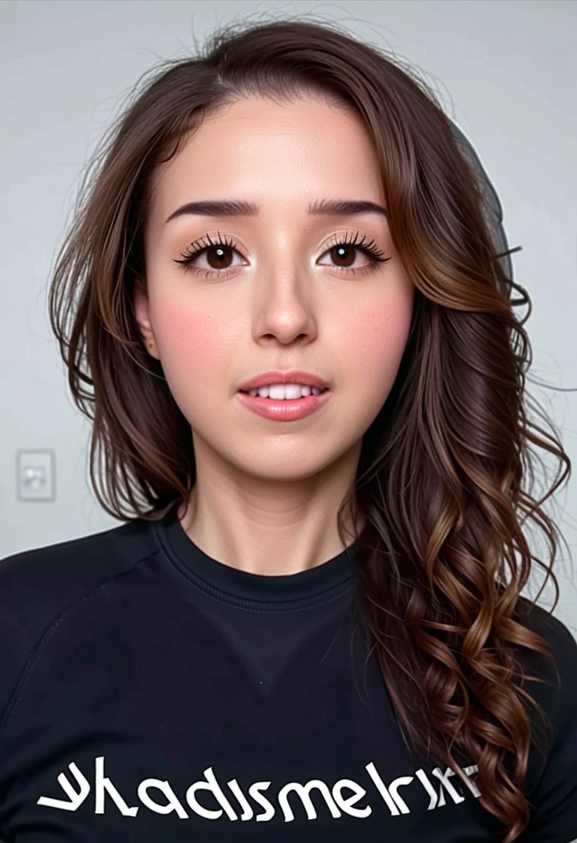 a girl, full headshot breasts, black tshirt, writing tshirt, pokimanelolxl, curly hair, parted lips, teeth, <lora:PokimaneXL:0.9>