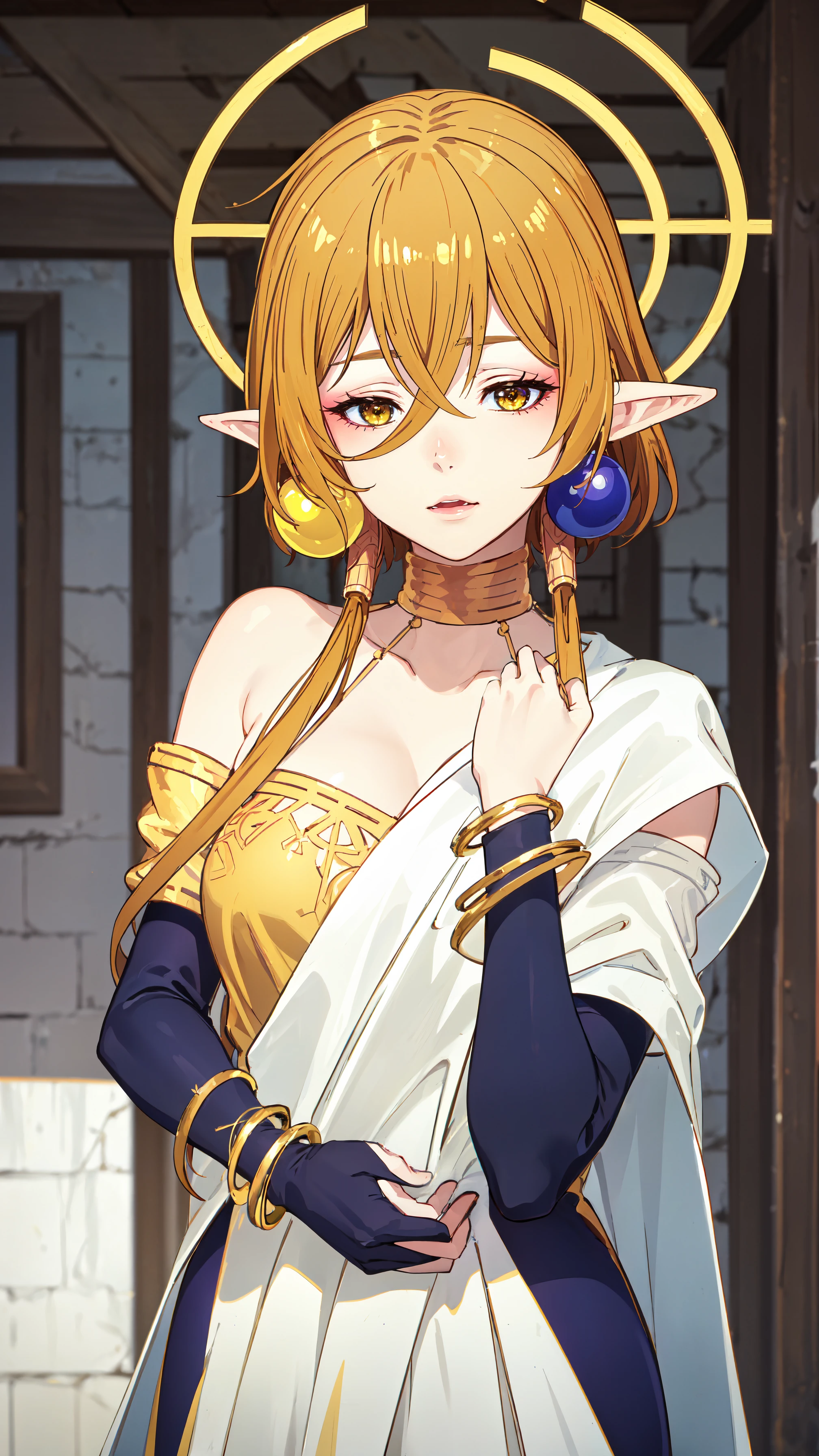 photorealistic, (4k), depth of field, (Masterpiece), (realistic skin texture), extremely detailed, intricate, hyper detailed, professional photography, bokeh, high resolution, sharp detail, best quality, woman, short hair, blonde hair, yellow eyes, long twintails, pointy ears, halo, gold and purple earrings, detached sleeves, gold choker, white and purple robe, robe over one shoulder, gold bracelets, <lora:GoodHands-vanilla:0.4>, <lora:detail_slider_v4:0.8> , dynamic pose, (sleeping),   <lora:Hiya-000004:0.8>, fantasy city, medieval town, market stall,