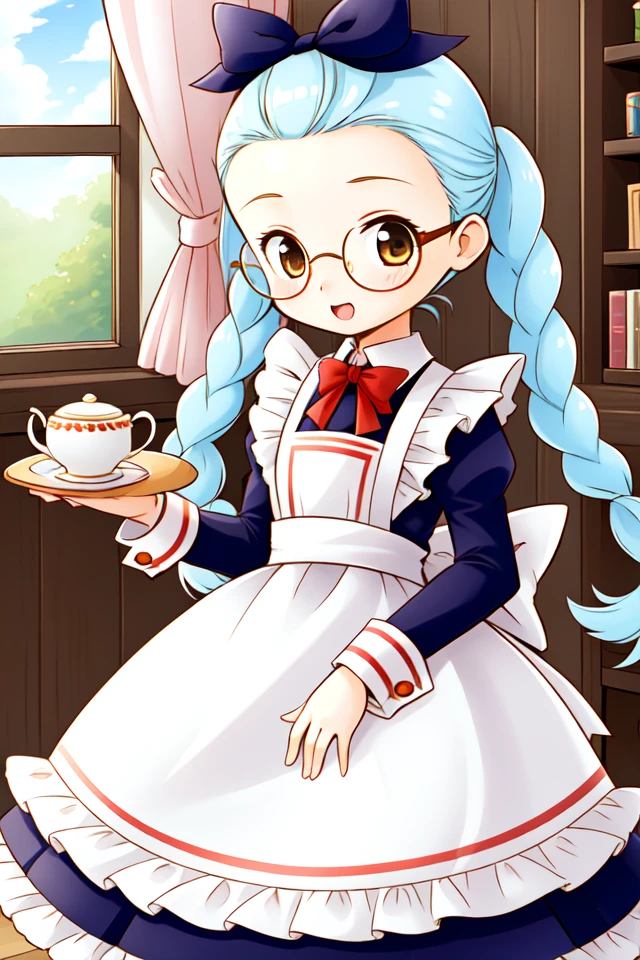 1 girl, indoors, holding tray, tea,
 <lora:Harvest_Moon_Hero_of_Leaf_Valley_-_Gina:0.5> holvgina, light blue hair, long hair, twintails, braid, hair bow, forehead, brown eyes,
glasses, maid, blue dress, apron,