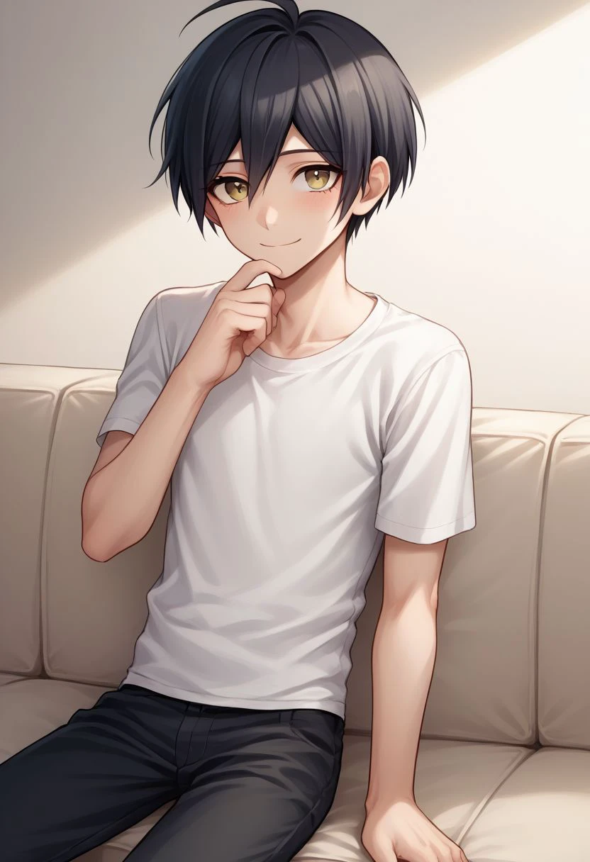 score_9, score_8_up, source_anime, highly detailed, 1boy, solo, skinny,
shuichi, 1boy, male focus, solo, black hair, upper body, short hair, pants, white shirt, smile, shy,
indoor, sit, sofa,