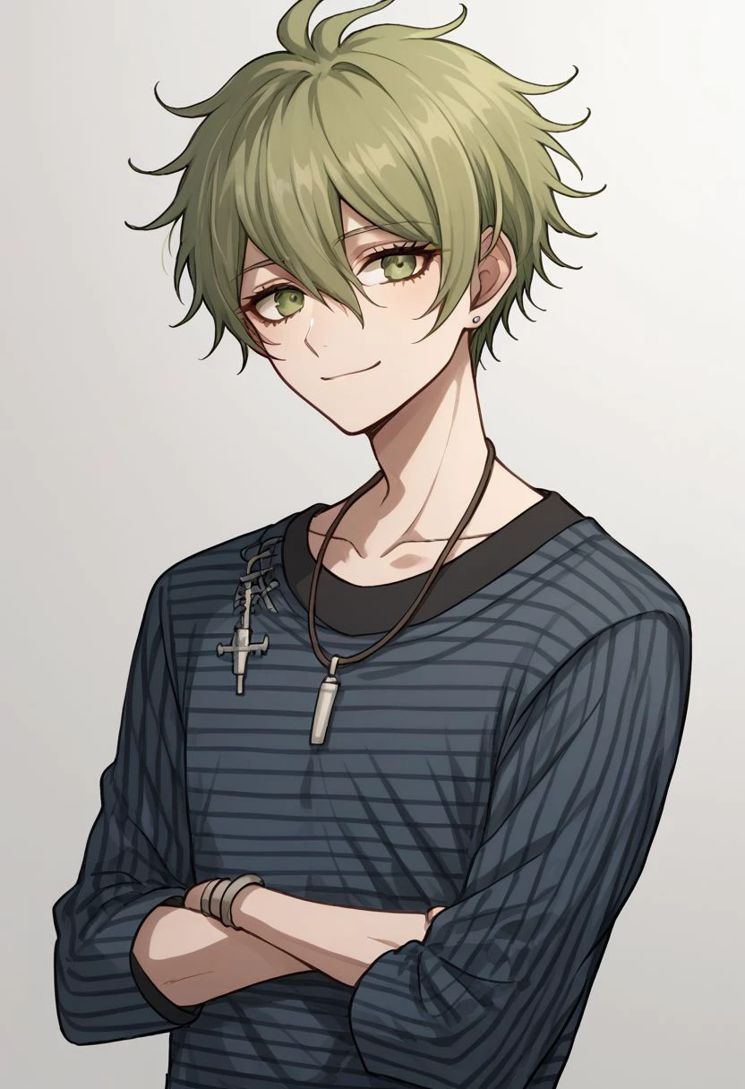 score_9, score_8_up, source_anime, highly detailed, 1boy, solo, skinny
rantaro, male focus, 1boy, jewelry, solo, shirt, smile, striped, ring, short hair, green hair, bangs, collarbone, green eyes, striped shirt, crossed arms
indoor,