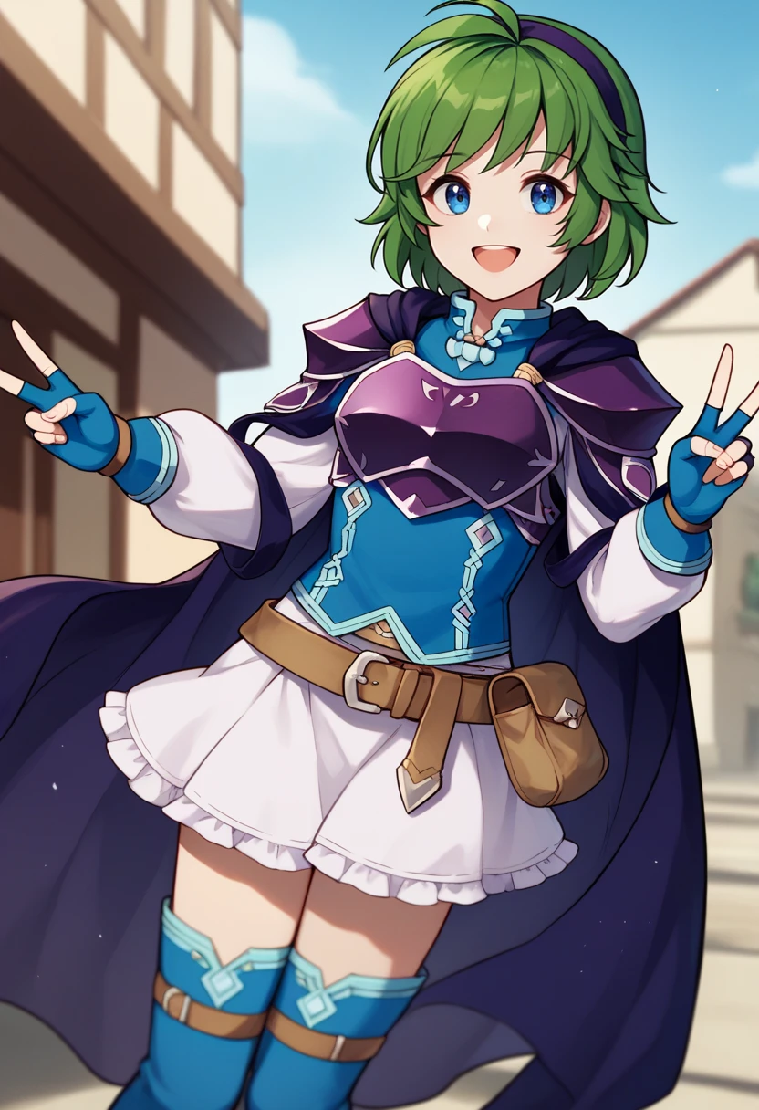 score_9, score_8_up, score_7_up, source_anime BREAK 1girl, solo, standing, looking at viewer, smile, open mouth, <lora:nino-fe-richy-v1_pdxl:1> ninopf, blue eyes, green hair, short hair, antenna hair, purple hairband, blue shirt, white sleeves, long sleeves, purple breastplate, purple shoulder armor, purple cape, white skirt, brown belt, belt pouch, blue gloves, fingerless gloves, blue thigh boots, double v