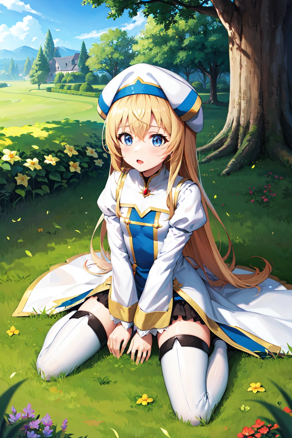 masterpiece, best quality, highres, aapri, long hair, white headwear, small breasts, white dress, puffy sleeves, long sleeves, pelvic curtain, thighhighs, thigh boots, <lora:priestess_(goblin_slayer!)_v1:0.7>, wariza, grass, garden,