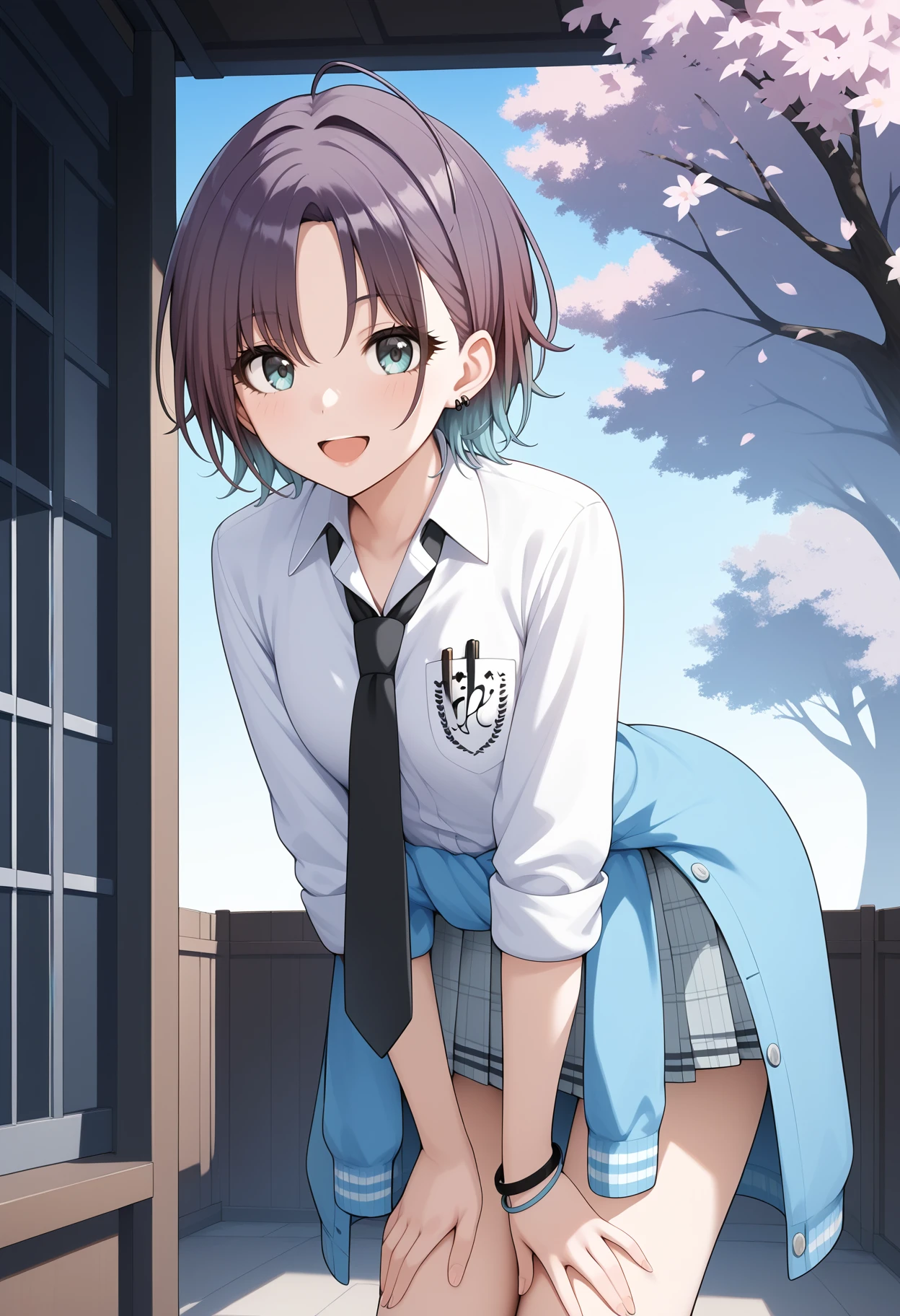 score_9, score_8_up, score_7_up, score_6_up, score_5_up, score_4_up, source_anime, aatoru, short hair, gradient hair, ahoge, earrings, school uniform, black necktie, collared shirt, white shirt, sleeves rolled up, breast pocket, bracelet, clothes around waist, plaid skirt, grey skirt, <lora:asakura_toru_ponyxl_v1:0.9>, smile, open mouth, standing, cowboy shot, leaning forward, bent over, outdoors, cherry blossoms, hands on own knees,