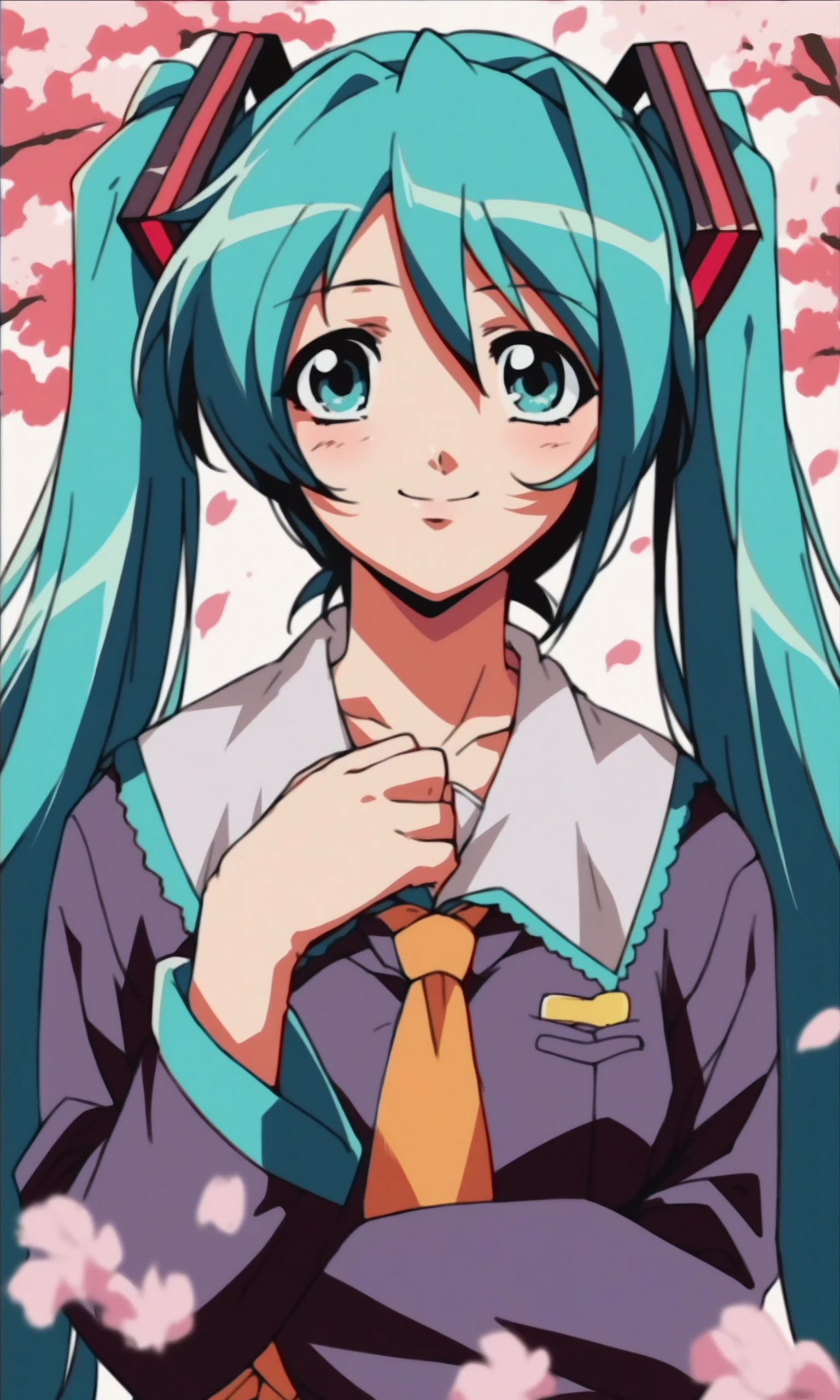 (score_9,score_8_up,score_7_up),source_anime,
1990s anime,1girl,solo,hatsune miku,hand on own chest,sakura,cherry blossoms,auqa hair,looking at viewer,school uniform,hair ornament,hanami,smile,