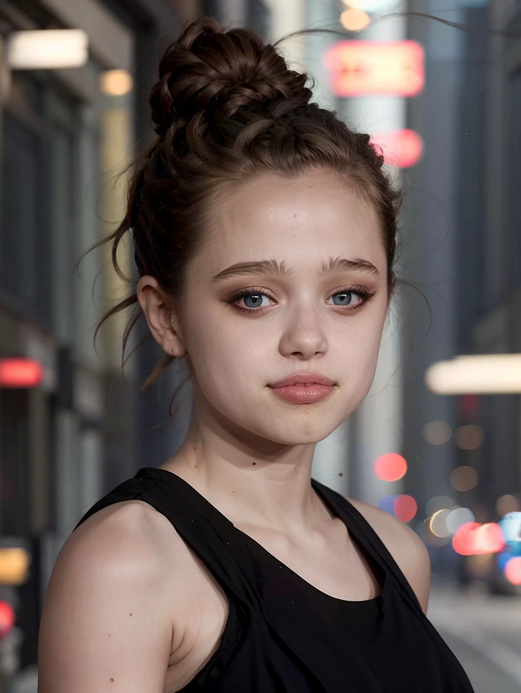 Shiloh8, 1girl, solo, looking at viewer, blue eyes, brown hair, shirt, upper body, sleeveless, blurry, lips, black shirt, blurry background, realistic, bokeh