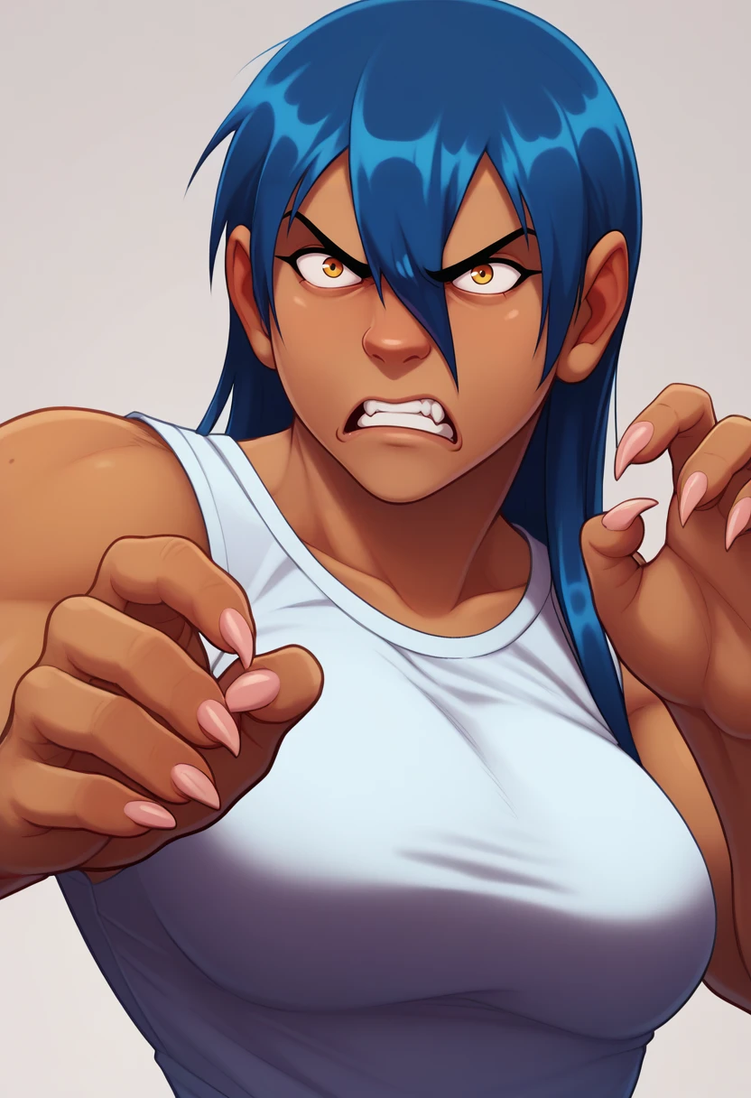 score_9, score_8_up, score_7_up, BREAK <lora:gogobomango-guy-PONYv1:.95>, gogobomango, 1girl, solo, dark skin, blue hair, hair between eyes, fingernails, shirt, toned, depth of field, simple background, large breasts, portrait, jojo pose, angry,