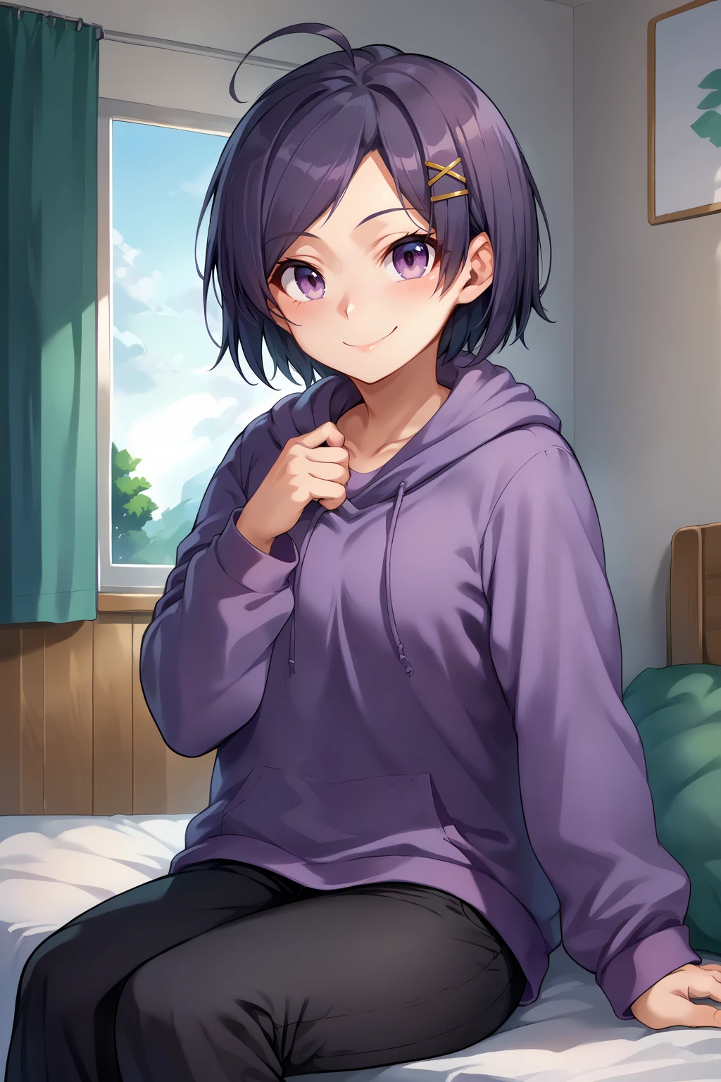 score_9, score_8_up, score_7_up, source_anime, cowboy shot, looking at viewer, smile, kmchkgy, purple eyes, short hair, hairclip, hoodie, pants, sitting, indoors, bedroom, <lora:Hoseki_Oregairu_KomachiHikigaya_PDXL_v1:1>