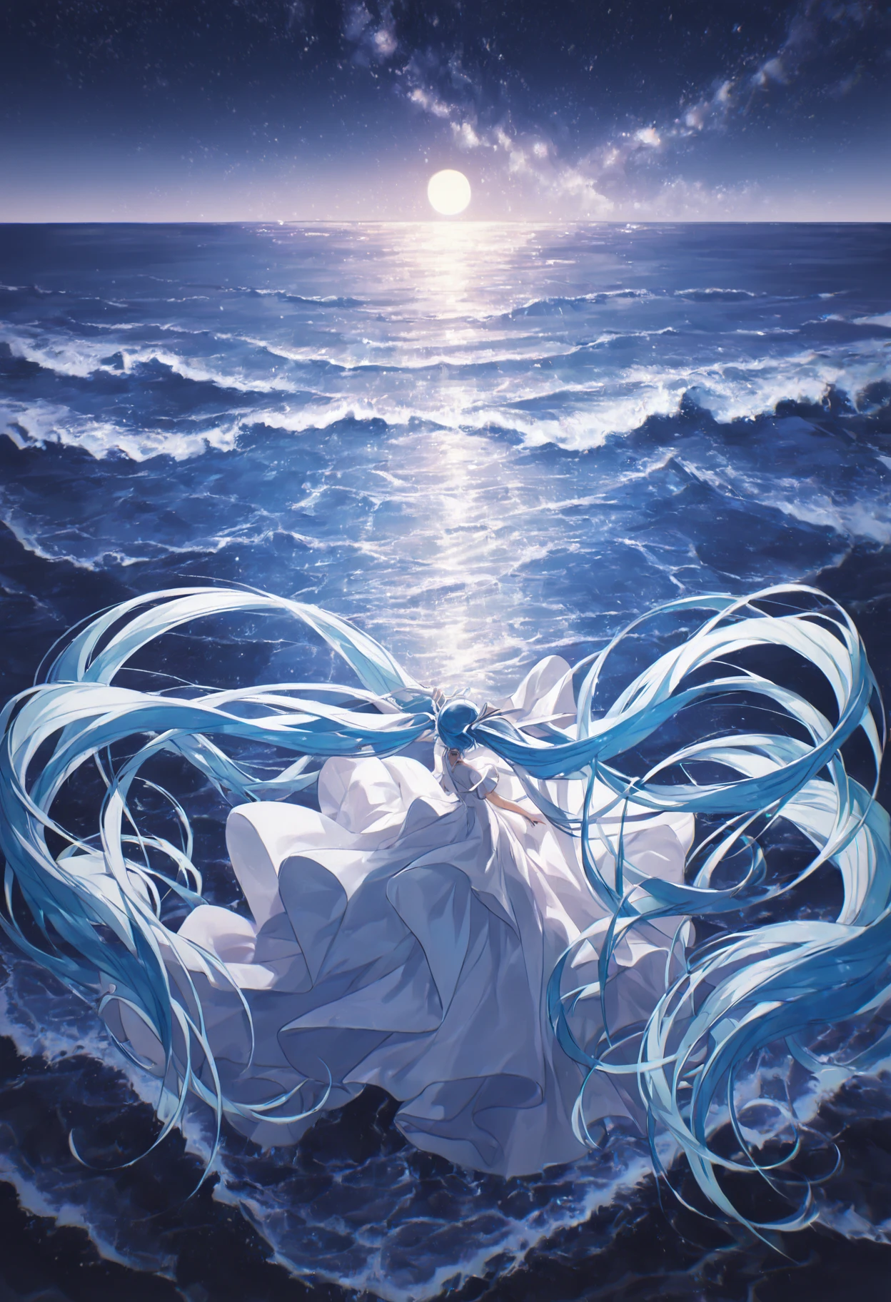 <lora:kika:0.7>, androgynous, night, water, from behind, wide shot, waves, 1girl, solo, white dress, floating hair, blue hair, hatsune miku, absurdly long hair, long dress, twintails