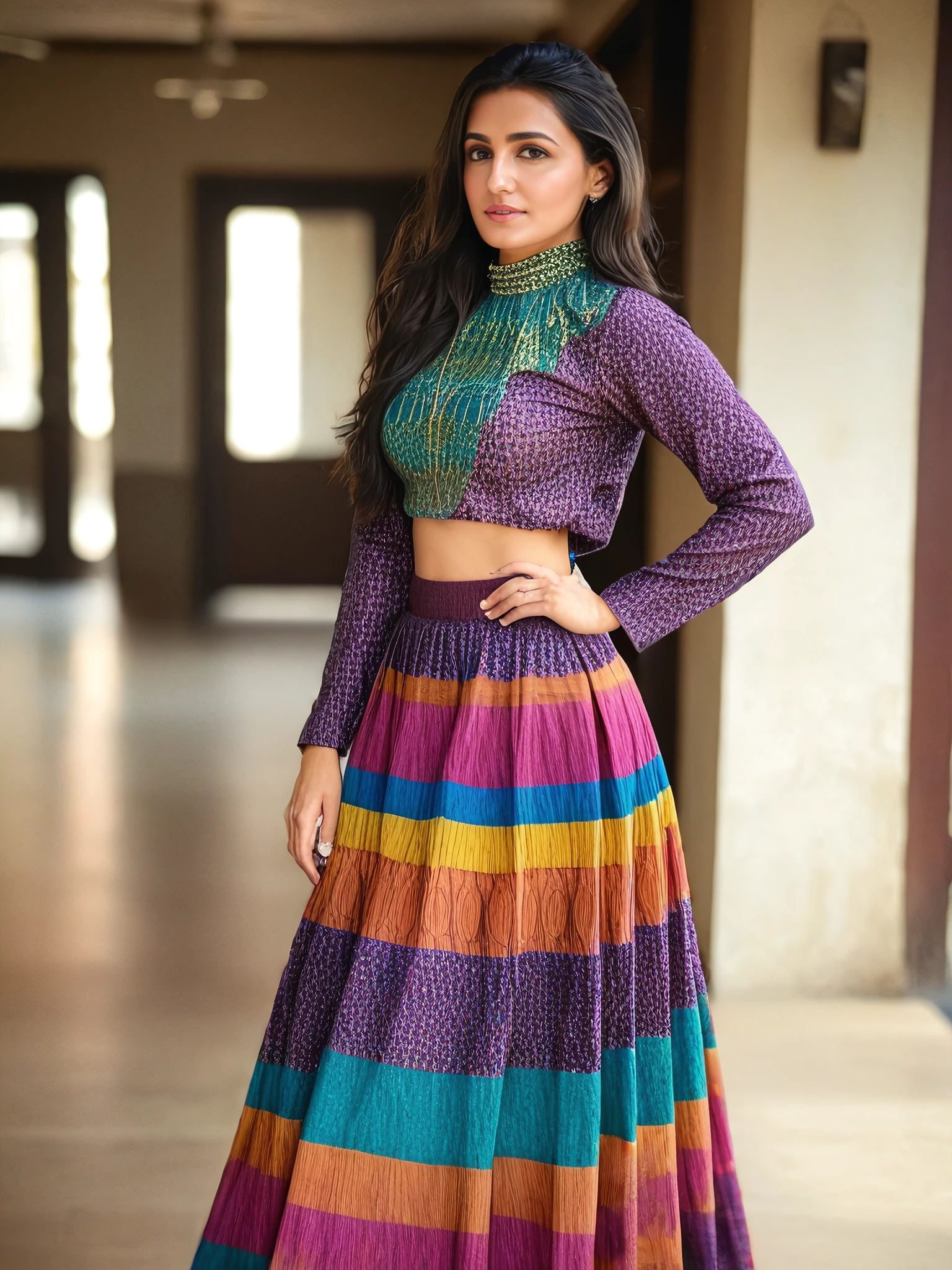 full body photo of a 30-year-old vedika pinto, colorful modest high neck western wear, looking at camera, film grain, day time at Newsroom in bokeh <lora:vdka_Vedika_Pinto_SDXL_LoRA_adafactor-step00002000:1>