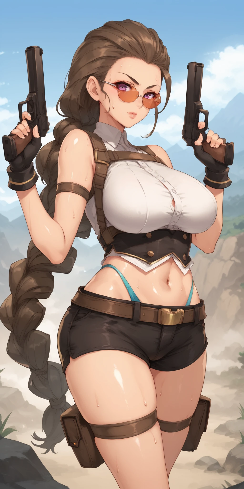 score_9, score_8_up, score_7_up, 1girl, mature female, shiny skin, <lora:Expressive_H:0.8>, <lora:Elizabeth:0.8>,elizabeth, brown hair, purple eyes, very long hair, single braid, low tied hair, bare shoulders, brown belt, braid, breasts, sunglasses,  large breasts, looking at viewer, navel, black shorts, sleeveless, solo, standing, thigh strap, white shirt, black corset, highleg bikini, thigh pouch, chest harness, black gloves, fingerless gloves,mountain, canyon, sweat, holding gun,dual wielding,