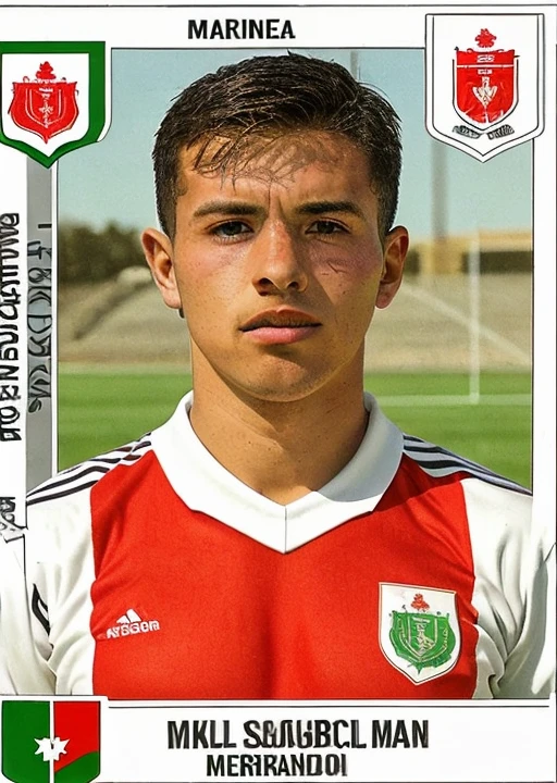 pa_fb_st , 1boy, male focus, solo, sportswear, soccer uniform, Moroccan flag, english text,logo, <lora:Panini_Football_Stickers:1>
