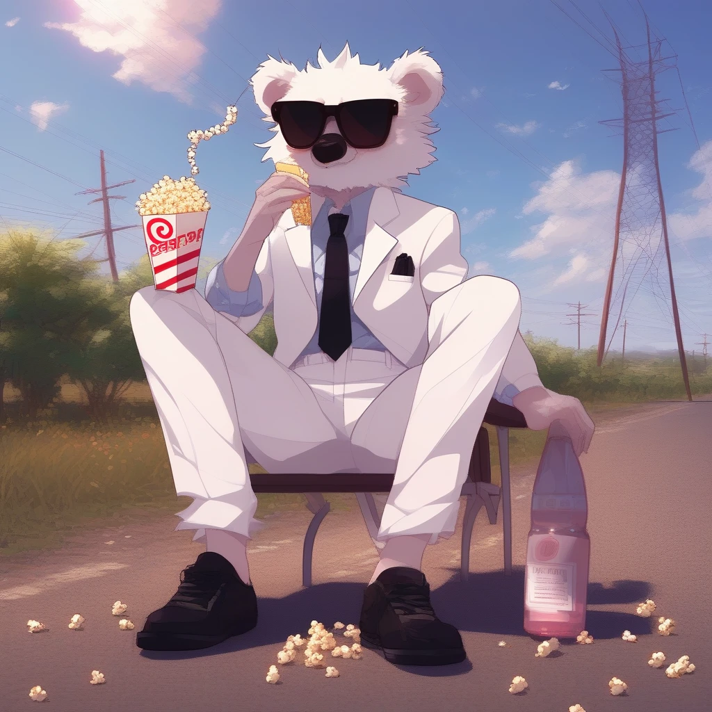 lamp, plant, white suit, shorts, popcorn, crossover, bottle, earrings, furry, open clothes, food, power lines, topless male, black sclera, drinking straw, blush, blue sky, shoes