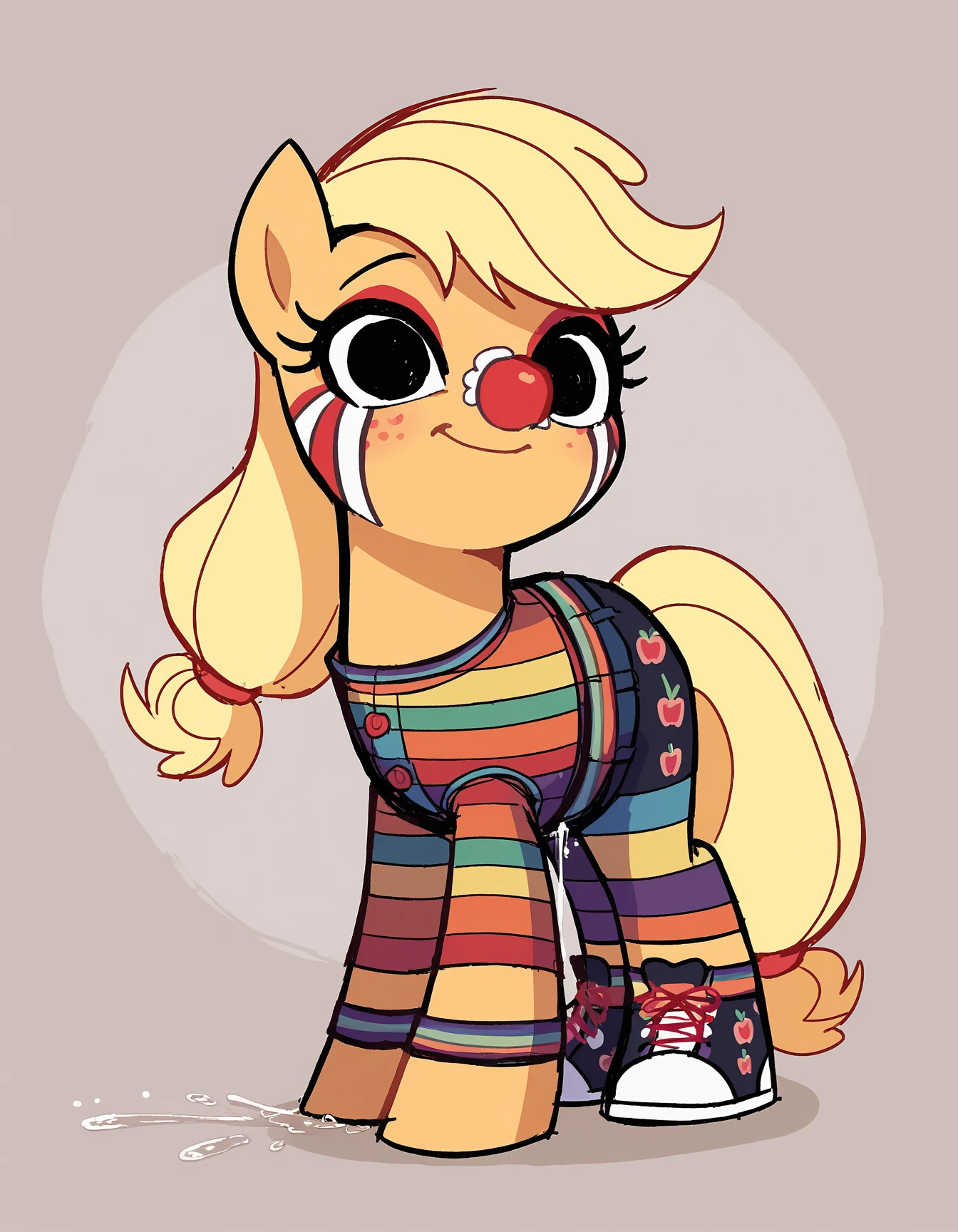 zPDXL, score_9, score_8_up, score_7_up, source_anime, flat color,
1girl, solo, <lora:StickySweet_v3:1> stkyswt, sketch, black eyes, mlp, pony , applejack \(mlp\), clown, red plastic nose, white face paint, wearing a pink striped shirt,striped pants,colorful sneakers, white spiked hair, squirting flower,oversized bow tie, colorful eyeshadow,