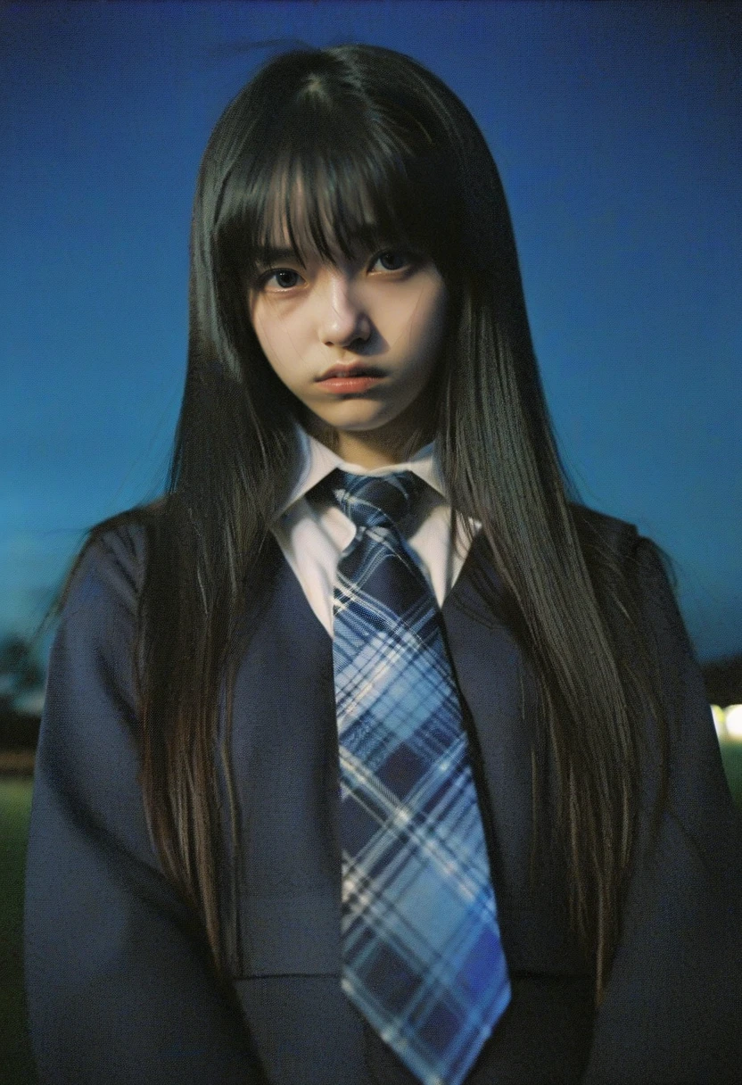 <lora:ModernFable:0.65> blue tone, grainy texture, film effect, artistic photography, reflective mood, girl, female, young woman, student, school uniform, tie, plaid tie, dark hair, bangs, long hair, straight hair, dark setting, moody, serious expression, low lighting, dramatic lighting, portrait, waist-up, close-up, night,