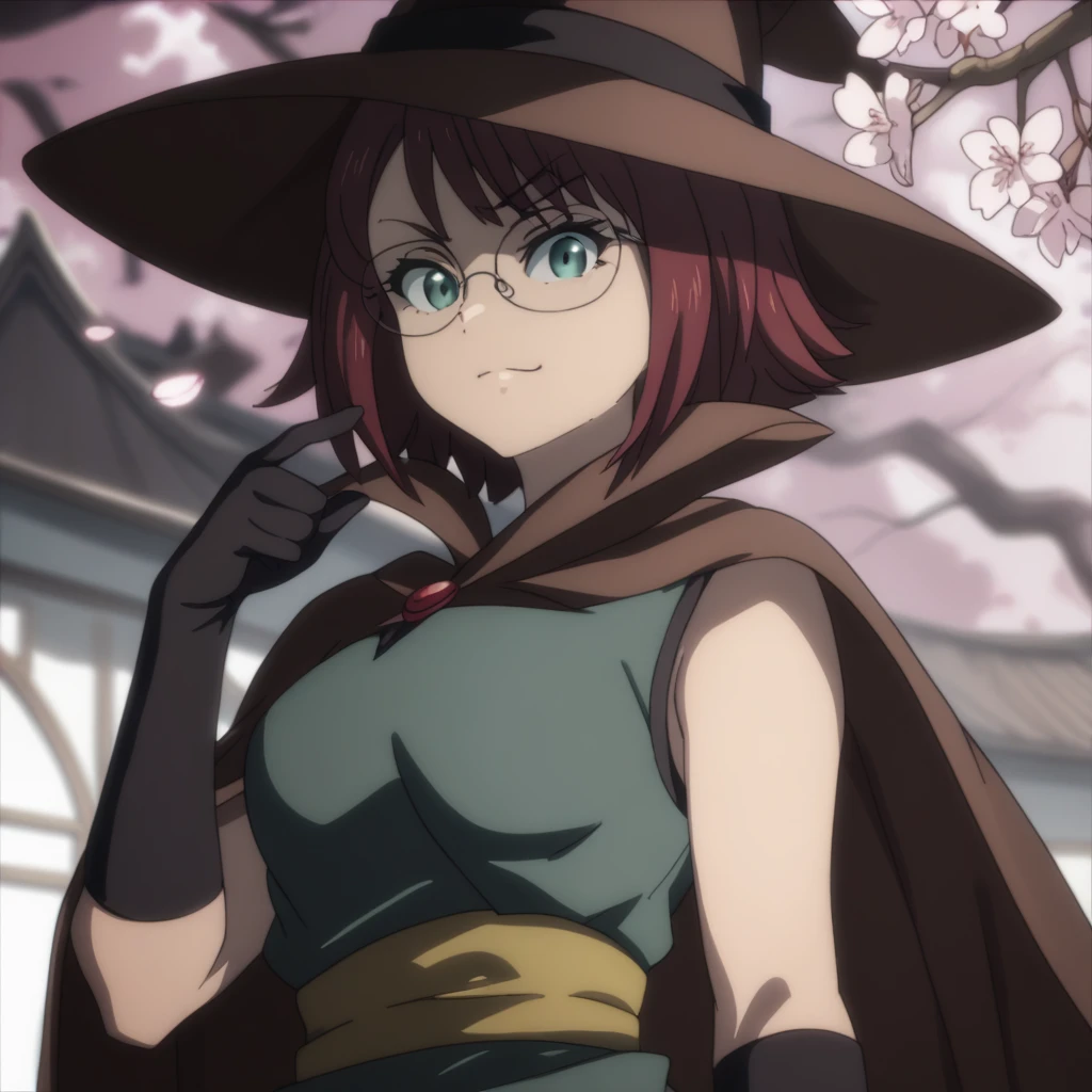 score_9,  score_8_up, score_7_up, <lora:wizard-gs-ponyxl-000014:1> gswz, glasses, witch hat, cape, dress, green dress, elbow gloves
1girl, solo, smug, raised eyebrows, cherry blossoms, east asian architecture