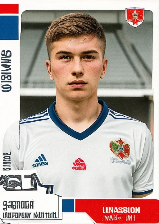 pa_fb_st , 1boy, male focus, solo, sportswear, soccer uniform, Russian flag, english text,logo, <lora:Panini_Football_Stickers:1>