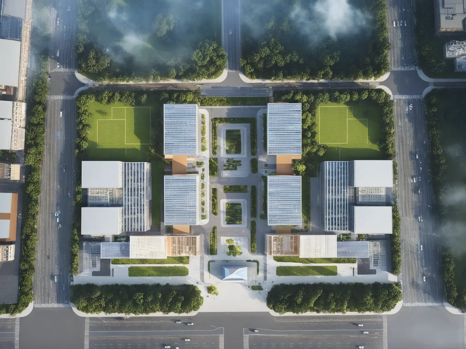 professional 3d model <lora:JJsIndustrialPark_XL:1>, masterpiece , best quality, realistic, ((Industrial Park)), scenery, outdoors, sidewalk,building, lawn, sky, real world location, day, , city, building, canopy, soft lighting, door, bridge, cloud, window, glass, straight line,golden ratio, . octane render, highly detailed, volumetric, dramatic lighting