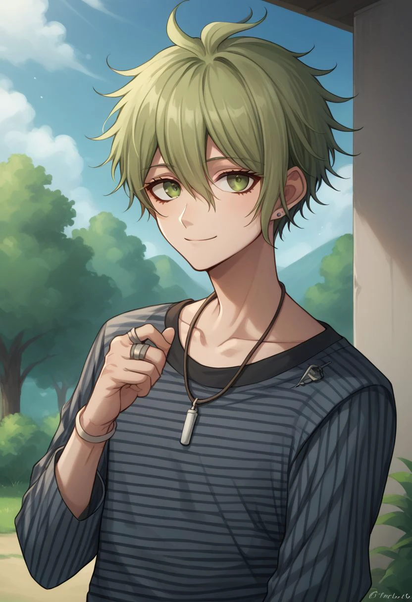 score_9, score_8_up, source_anime, highly detailed, 1boy, solo, skinny
rantaro, male focus, 1boy, jewelry, solo, shirt, smile, striped, ring, short hair, green hair, bangs, collarbone, green eyes, striped shirt, looking at viewer,
outdoors,