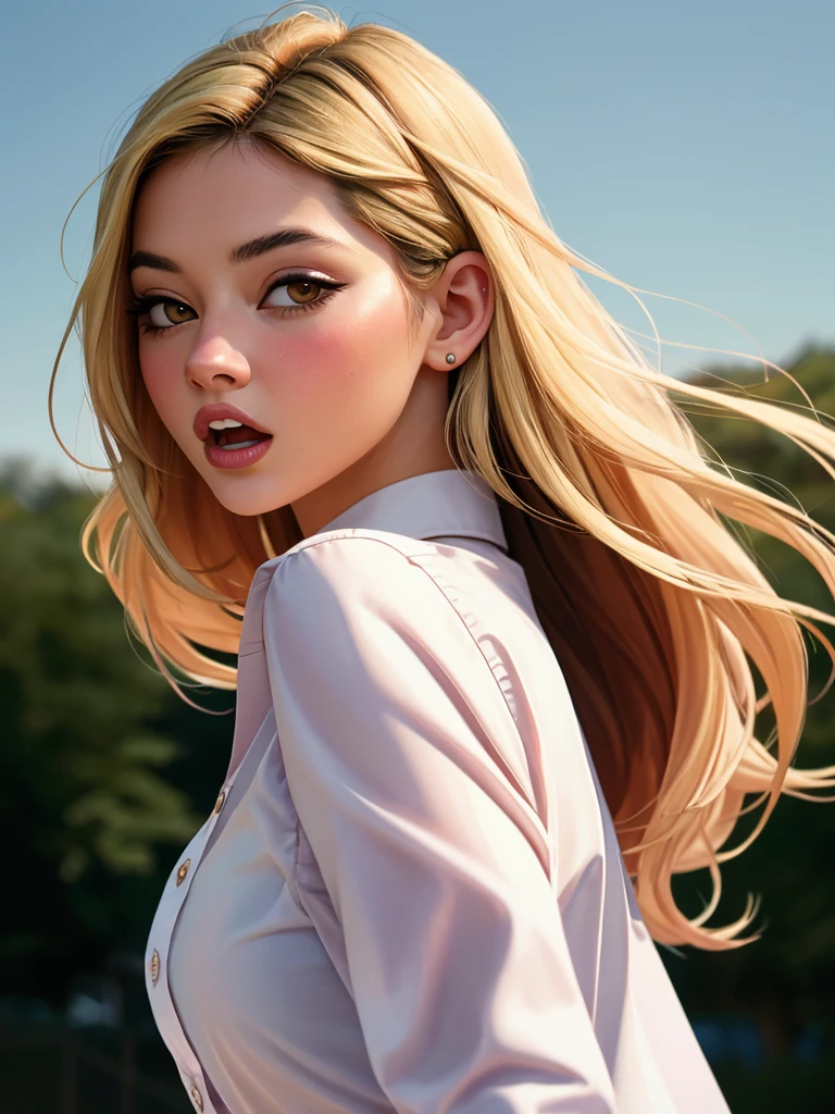Realistic photo of a beautiful m4d3lync woman, 1girl, solo, long hair, open mouth, blonde hair, brown hair, shirt, brown eyes, teeth, looking back, lips, looking to the side, portrait, realistic, professional Photography, Photorealistic, detailed, RAW, analog, sharp focus, high quality, film grain<lora:m4d3lync:1.0>