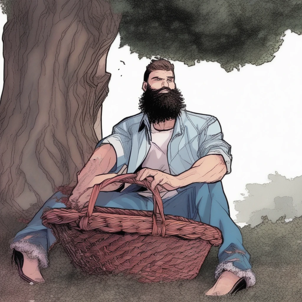 basket, comic book, ripped clothing, atmosphere, tree, beard